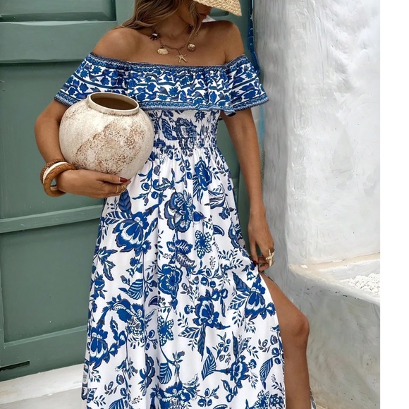 Boho Floral Print Ruffle Off Shoulder Split Thigh Maxi Dress - Picture 4 of 7